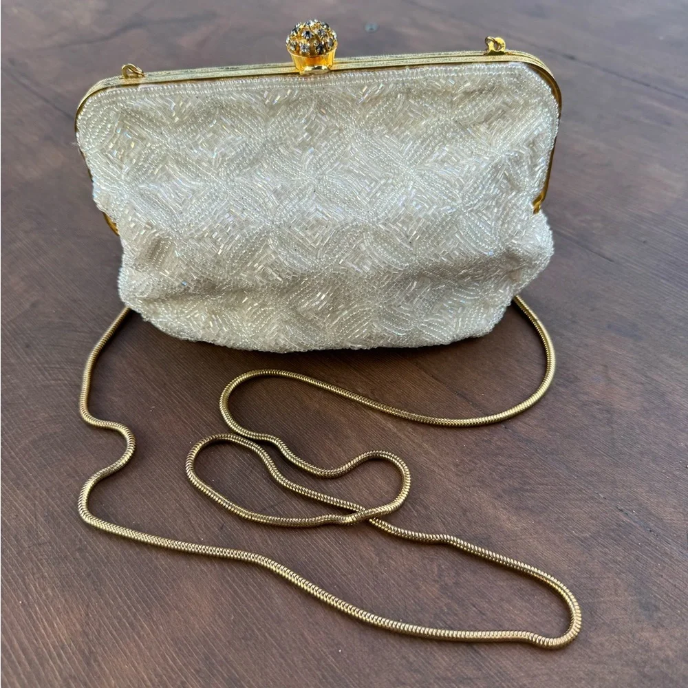 Vintage La Regale LTD Beaded Sequin Ivory Gold Clutch with Rhinestone Clasp